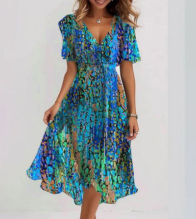 Lara - Blue Midi Dress with Short Sleeves