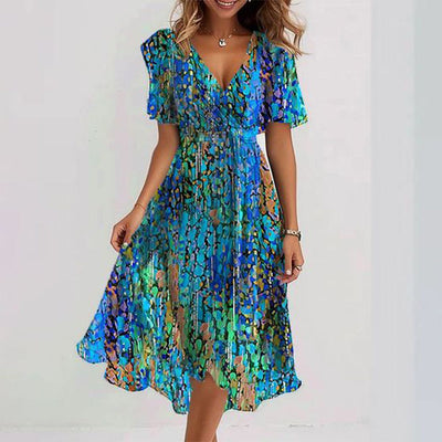 Lara - Blue Midi Dress with Short Sleeves